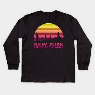 New York Capitol Of The World  80s Tropical Sunset Kids Long Sleeve T-Shirt